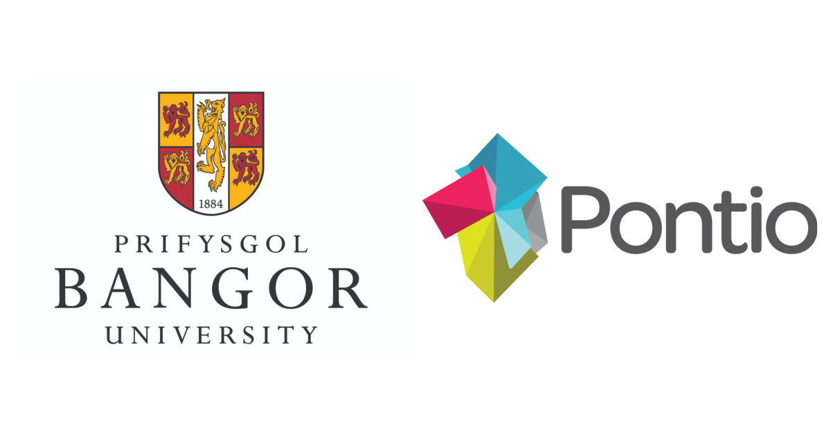 Bangor University logo with a red and gold shield and bilingual text 'Prifysgol Bangor University'. Next to it, the Pontio logo with colorful geometric shapes and the word 'Pontio' in grey