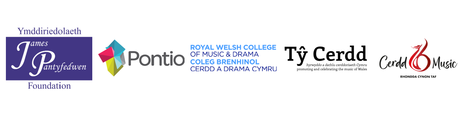 Logos noddwyr Encore 2024 - James Pantyfedwen, Pontio, Coleg Brenhinol Cerdd a Drama Cymru, Ty Cerdd a Gwasanaeth Cerdd RCT