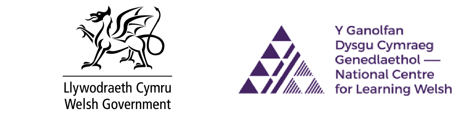 Draig lwyd gyda llinell a'r geiriau Llywodaeth Cymru Welsh Government, a thriongl porffor gyda'r geiriau Y Ganolfan Dysgu Cymraeg Genedlaethol - National Centre for Learning Welsh