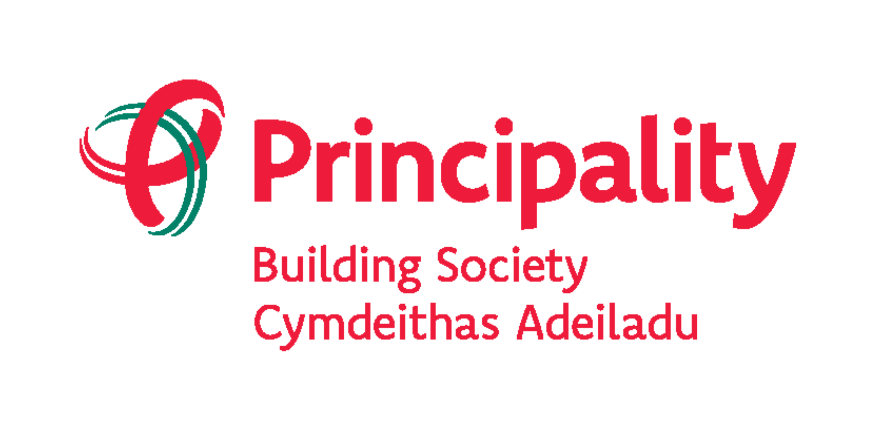 Logo coch gyda'r gwieiau Principality Building Society Cymdeithas Adeiladu gyda phatrwm cwlwm mewn gwyrdd a choch