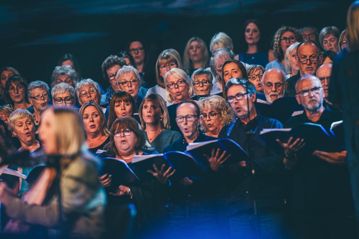 Eisteddfod choir performing in the Pavilion, 2023 Eisteddfod