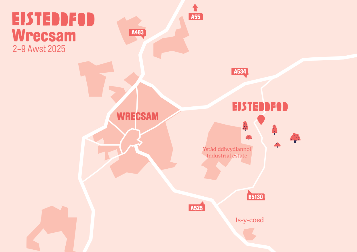 Location of Wrecsam Maes shown on pink background in relation to the city and major roads in the area