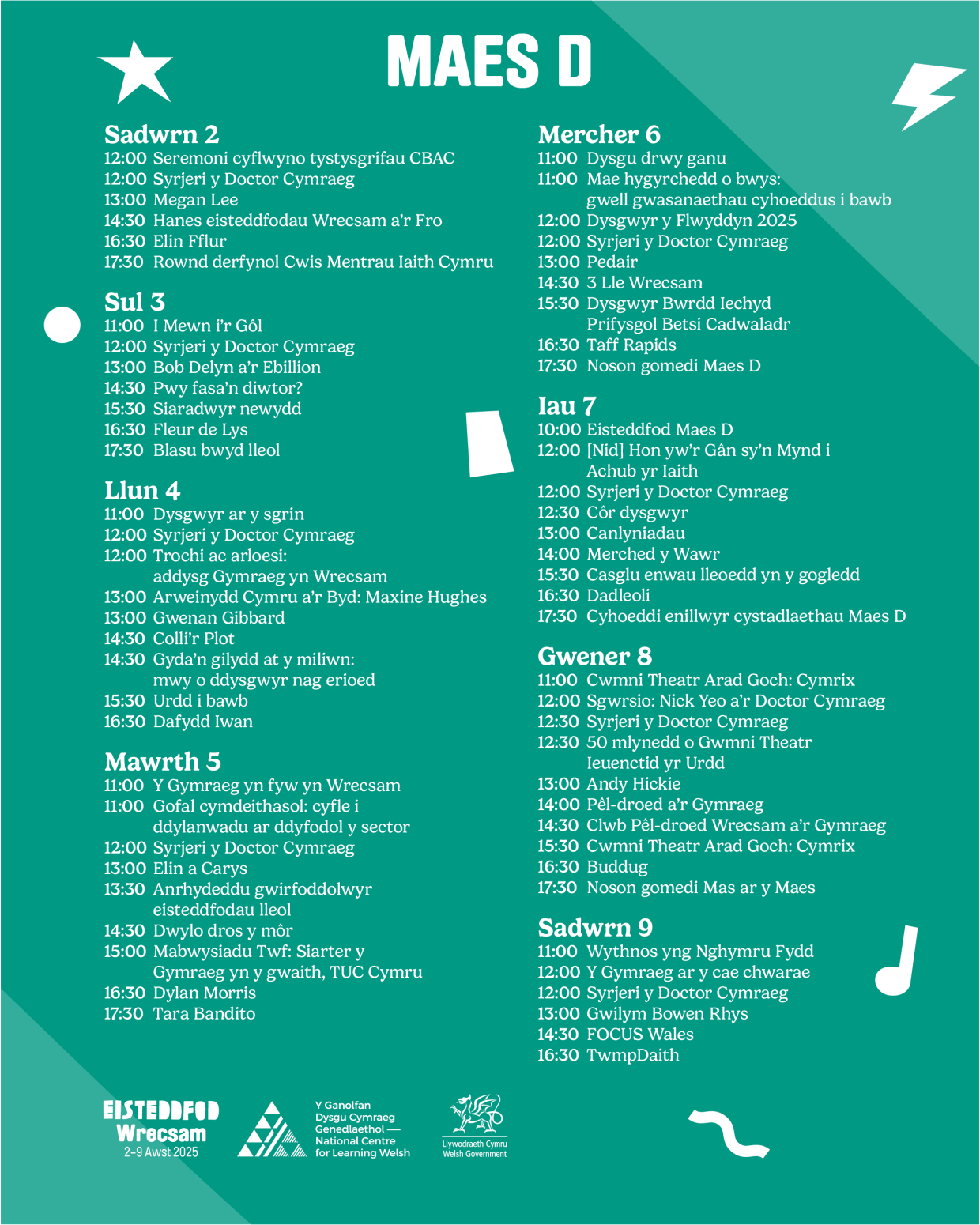 Welsh-language event schedule for Maes D at Eisteddfod Wrecsam, August 2–9, 2025, listing daily cultural activities and performances