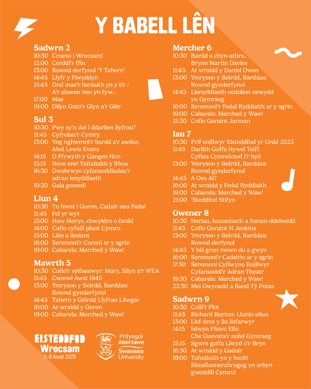Event schedule for 'Y Babell Lên' at Eisteddfod Wrecsam 2025, held from August 2 to August 9. The schedule is organized by day and includes times and titles of literary and cultural events such as book readings, poetry sessions, author talks, and musical performances. The background is orange with white text and decorative icons