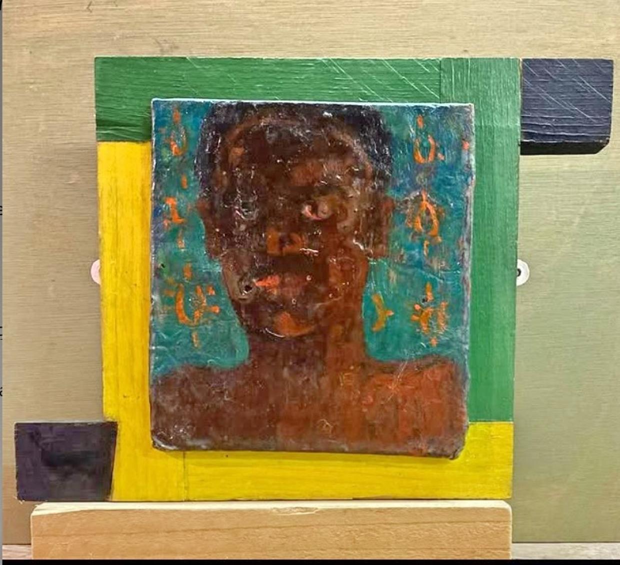 Painting of a person's face and upper shoulders with a teal background and orange patterns, framed by a green, yellow, and black border