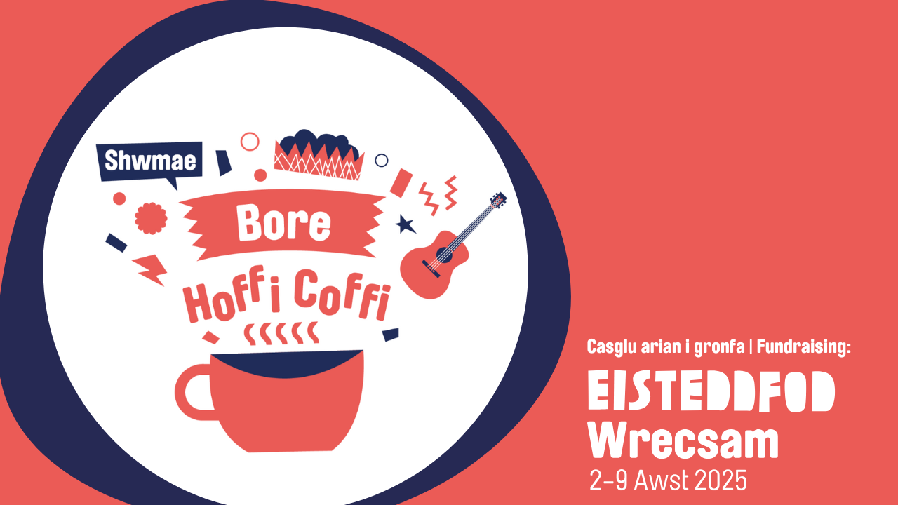 Marketing image with red coffee cup, guitar, crown and the words 'shwmae' and 'hoffi coffi' on a white background circle with a wider red background